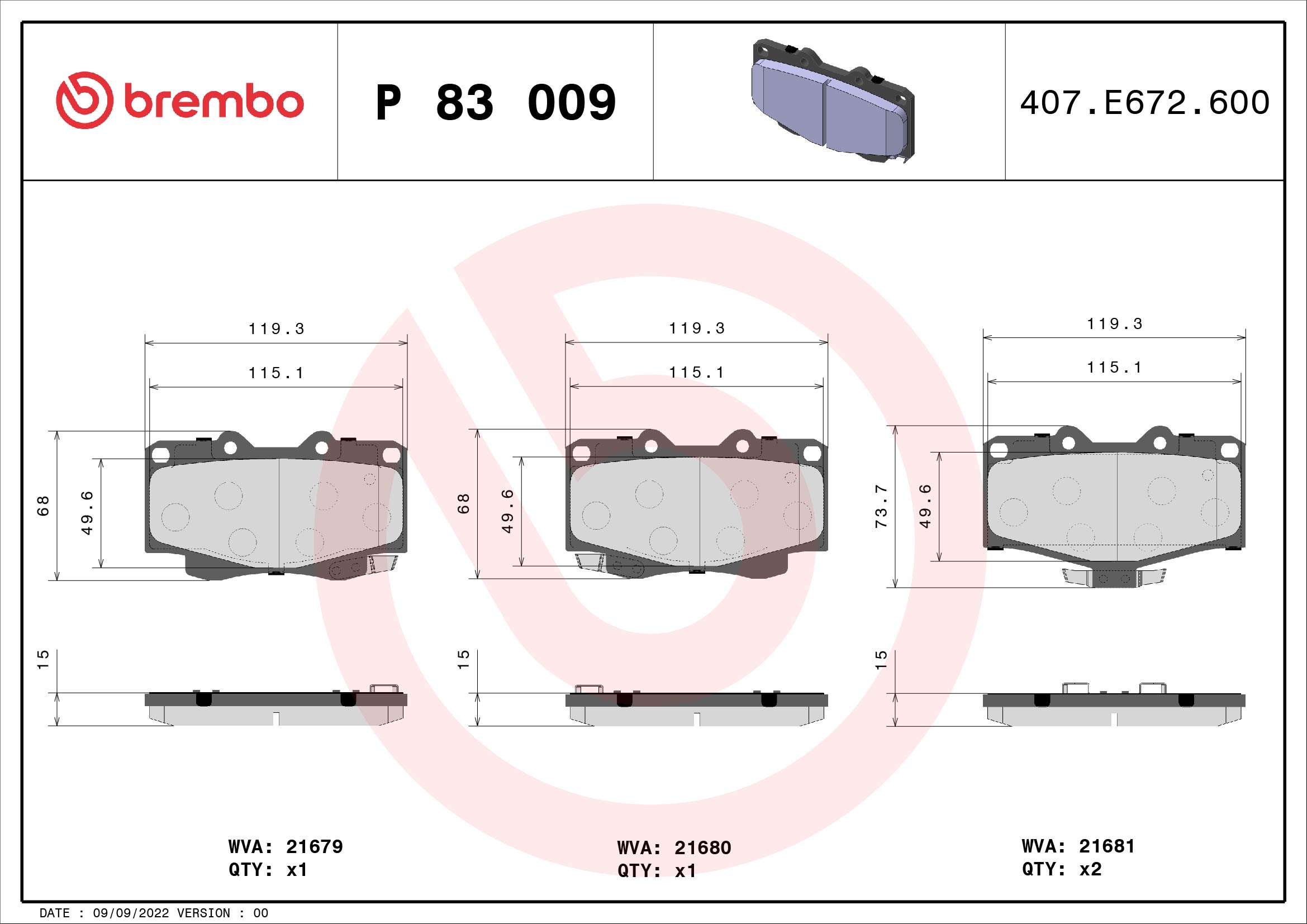 A.B.S. P 83 009 BREMBO Bremsbelagsatz, Scheibenbremse